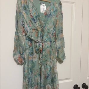 Green High Low V-Neck Sundress with Bishop Sleeves